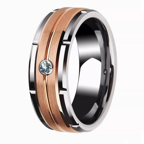 Men 8mm Titanium 2-Tone Brushed Rose Gold Zircon Inlay Comfort-Fit Wedding Band
